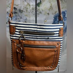ALDO Striped Navy Blue and White with Brown Leather Women's Crossbody Bag